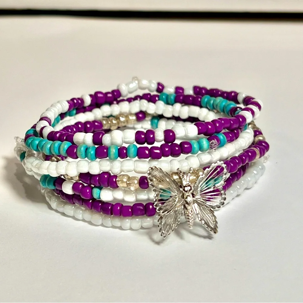 Beaded bracelets butterfly purple blue white silver handmade stretchy